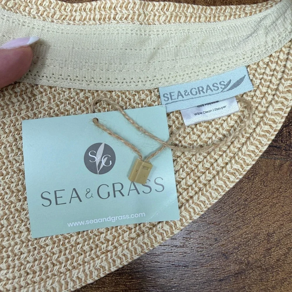 NWT Sea & Grass Straw Visor Navy Blue Geometric Ribbon Tie Back Adjustable
